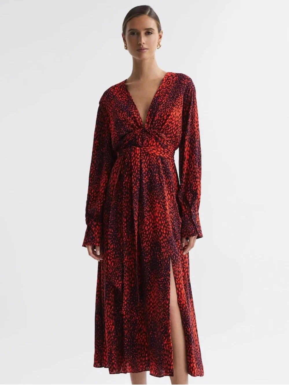 Reiss Sz 2 Maya Red Blue Printed Abstract Tie Waist Midi Dress - Picture 1 of 14